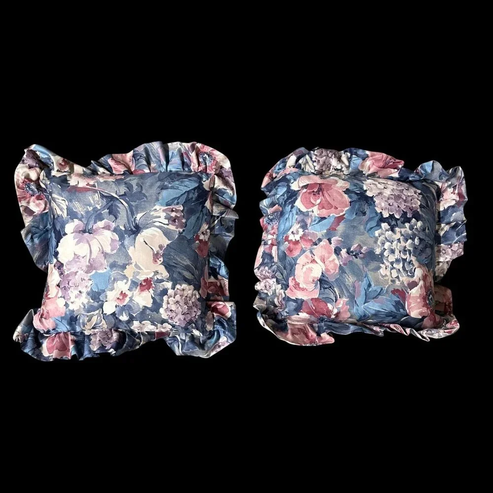Vintage Throw Pillows Handmade 1980s Floral Ruffled Pink Blue Decorative Flowers
